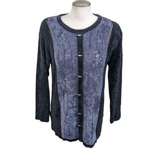 Vintage Floral Embroidered Bead Knit Sweater Wool Blend Large Granny Core Black